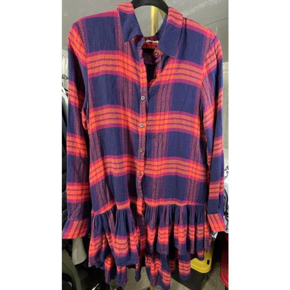 Grace & Lace Flannel Shirt Tunic/Dress Plaid Ruffle Hem With Pockets Sz L